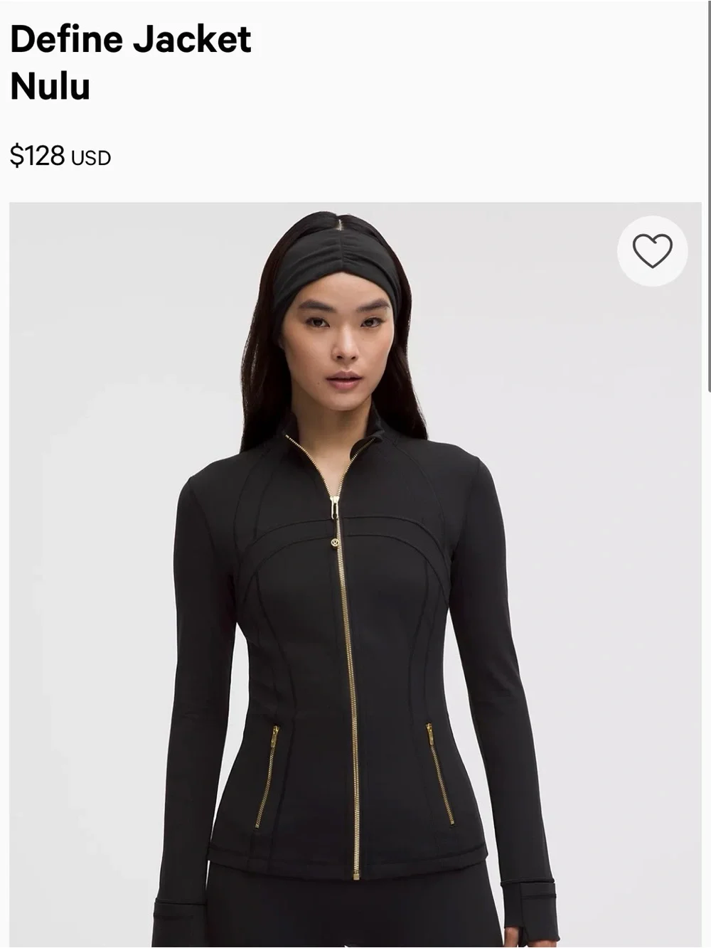 Lululemon Black defineJacket with Gold Zipper